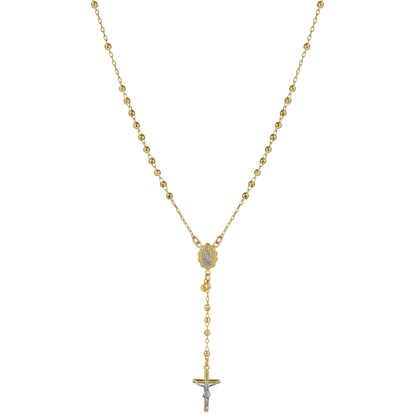 3mm Diamond-Cut Cross Rosary Crucifix Chain Necklace 10K Yellow Gold