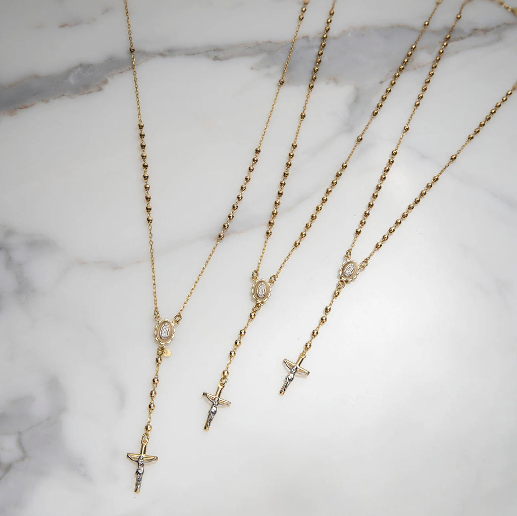 3mm Diamond-Cut Cross Rosary Crucifix Chain Necklace 10K Yellow Gold