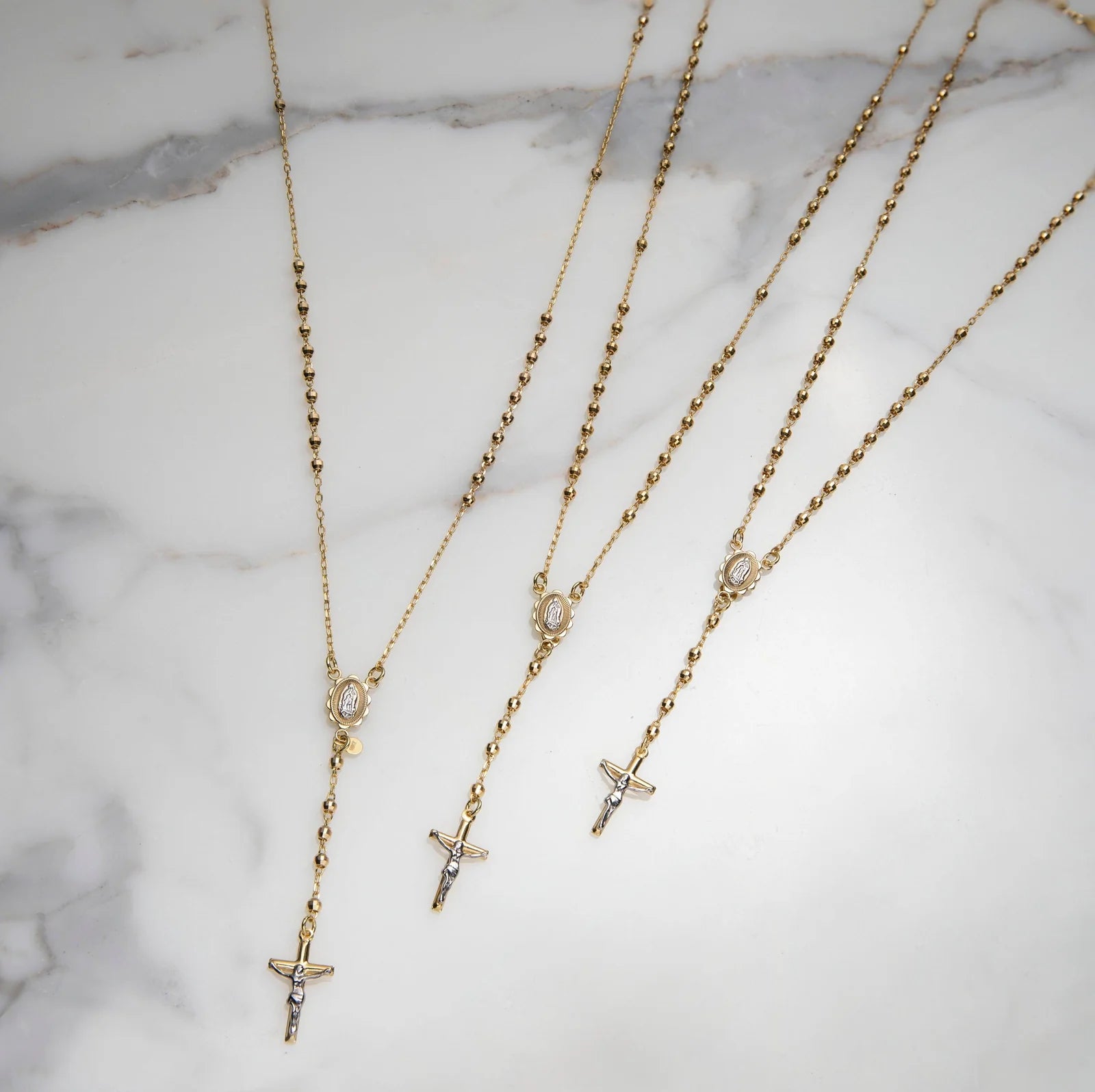 3mm Diamond-Cut Cross Rosary Crucifix Chain Necklace 10K Yellow Gold