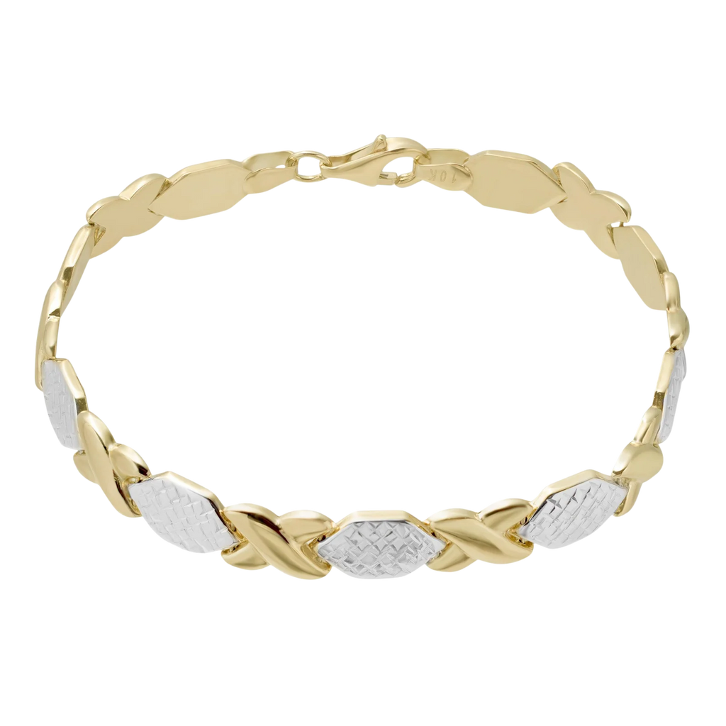 7.25" Diamond Cut Hugs and Kisses Stampato Bracelet 10K Yellow White Gold