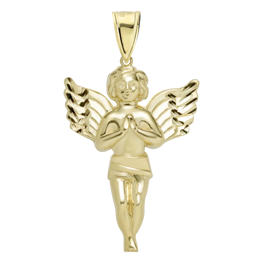 Diamond Cut Praying Angel Charm Pendant Solid 10K Yellow Gold