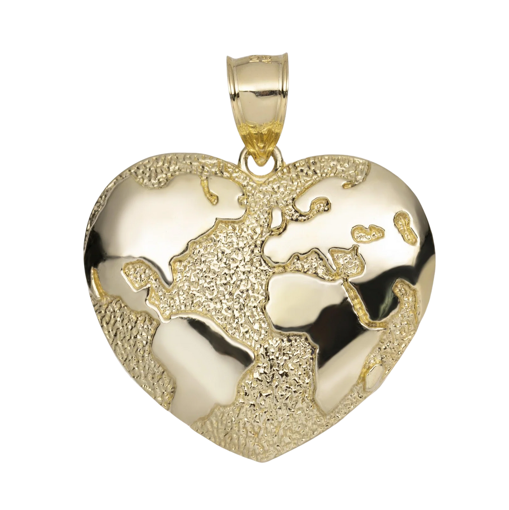 Heart Shaped World Map Pendant 10K Yellow Gold