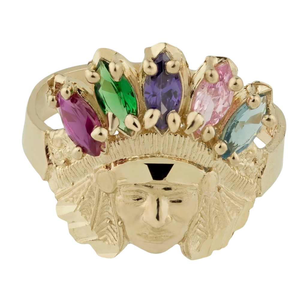 Indian Chief Rainbow CZ Solid 10K Yellow Gold