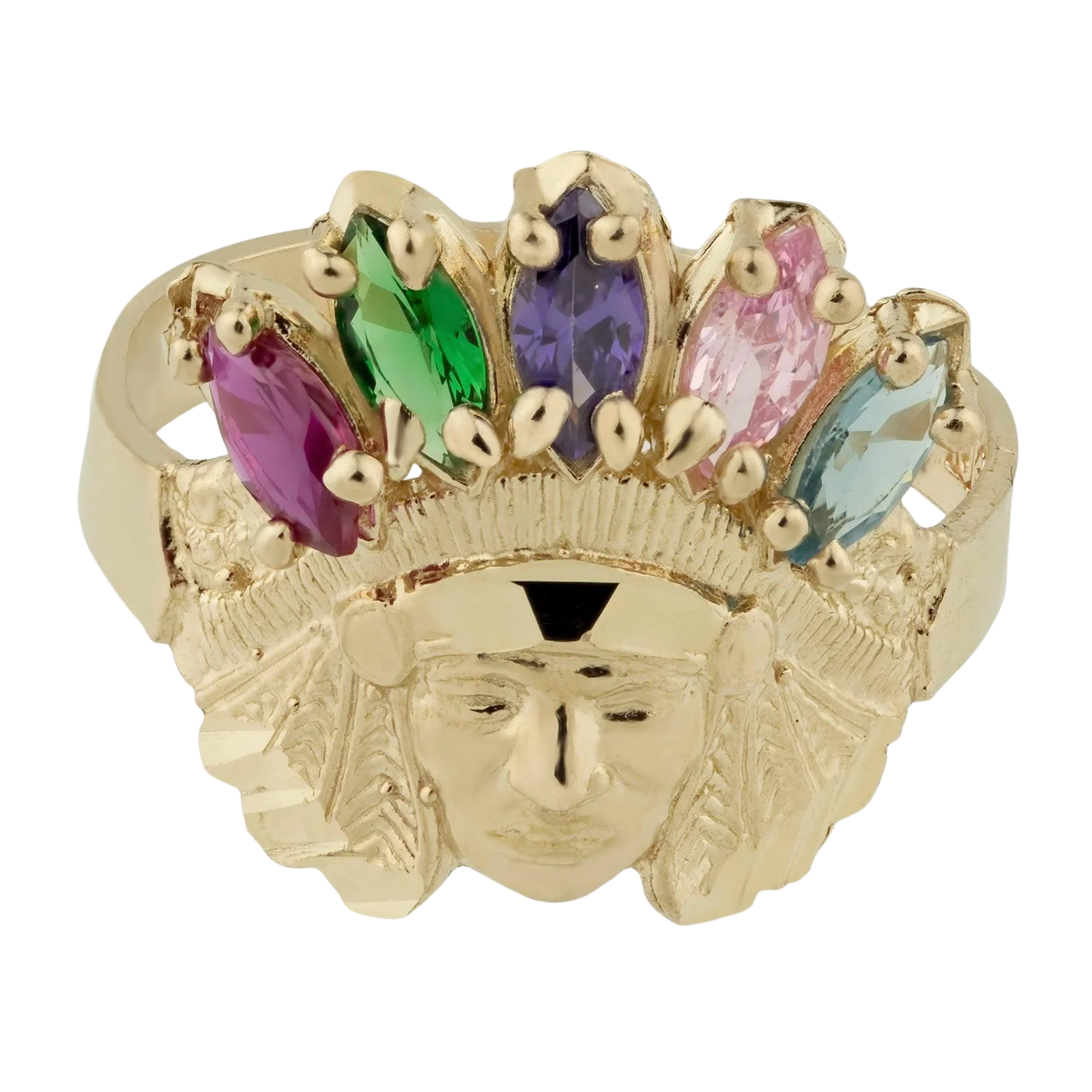 Indian Chief Rainbow CZ Solid 10K Yellow Gold