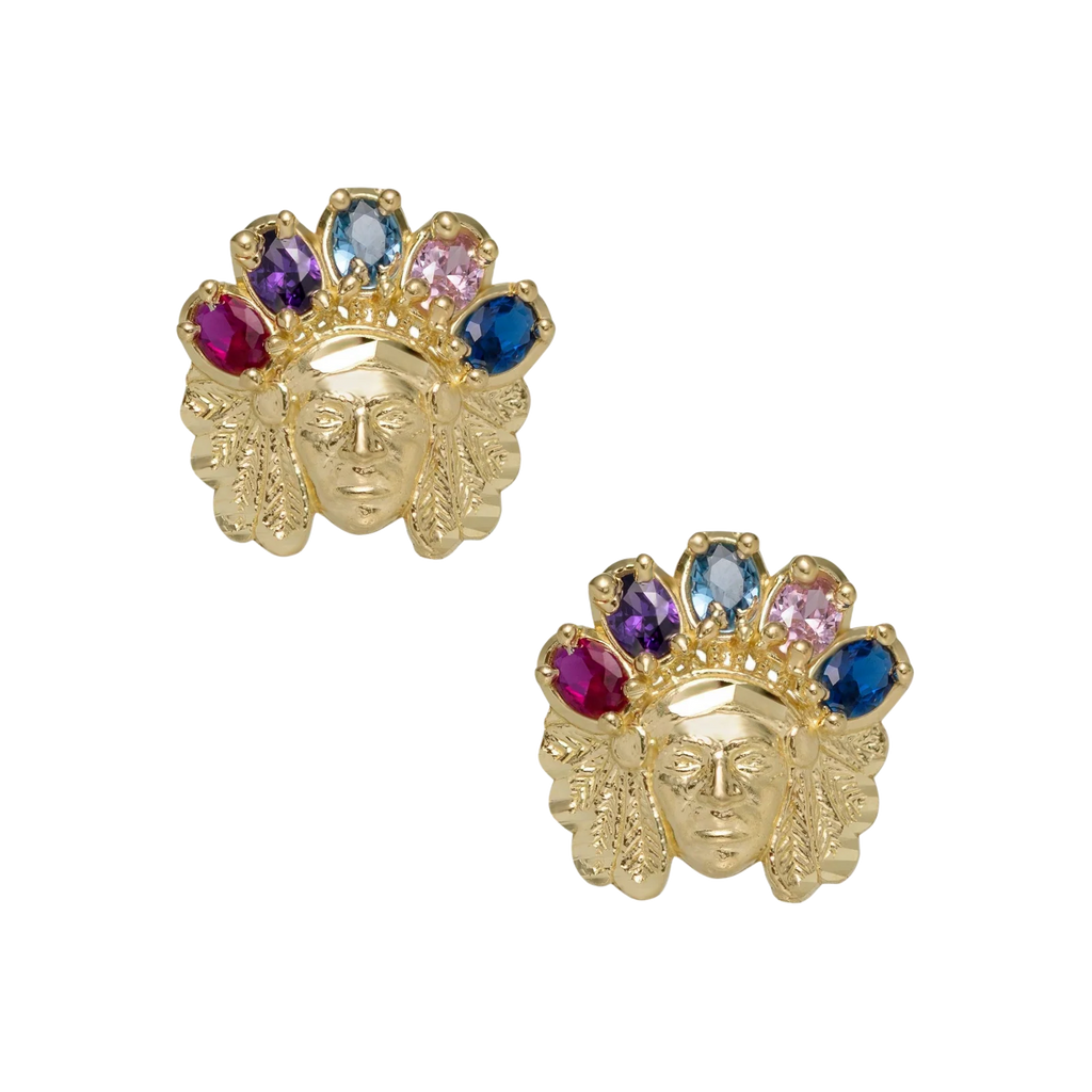Indian Chief Rainbow Stud Earrings Solid 10K Yellow Gold