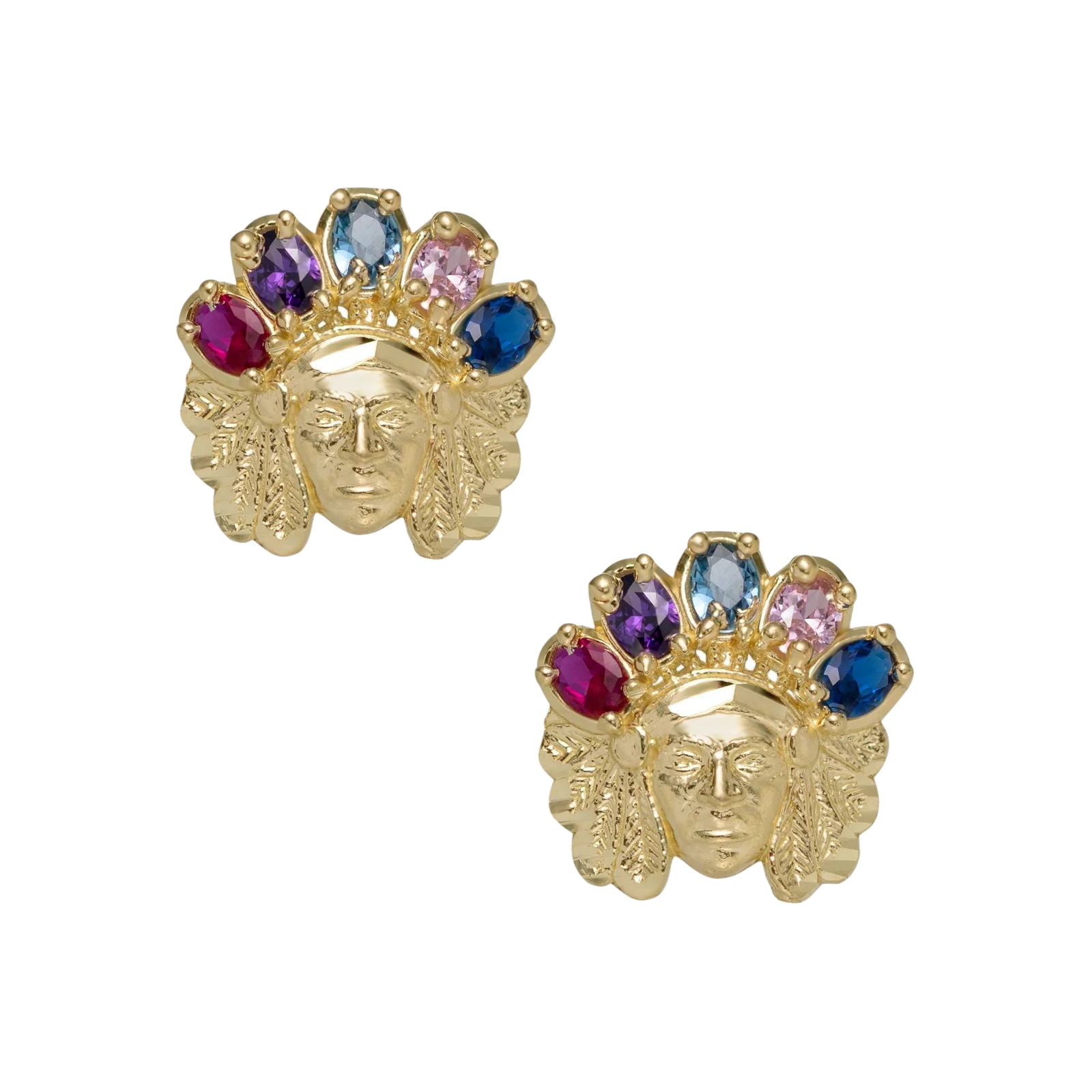 Indian Chief Rainbow Stud Earrings Solid 10K Yellow Gold
