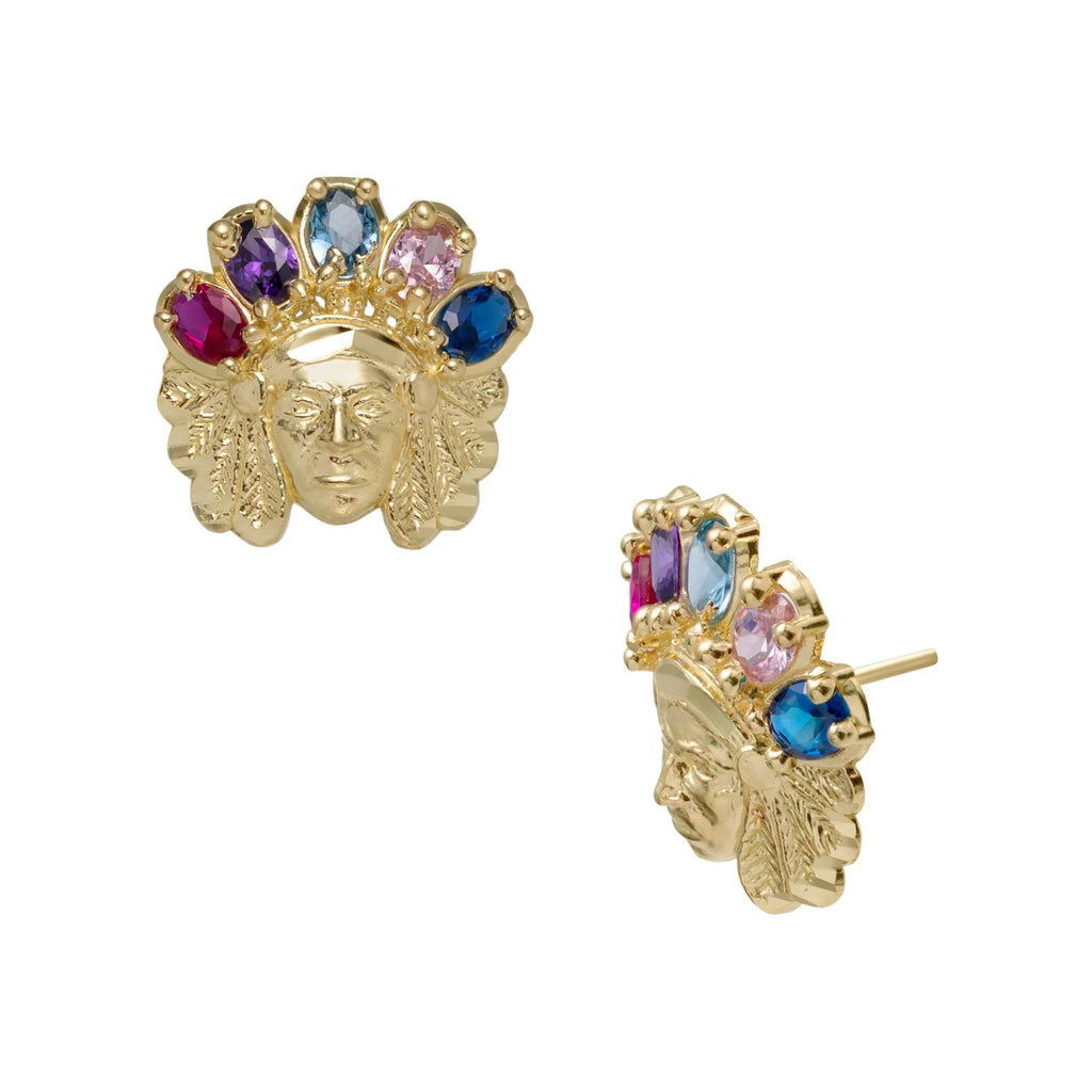 Indian Chief Rainbow Stud Earrings Solid 10K Yellow Gold