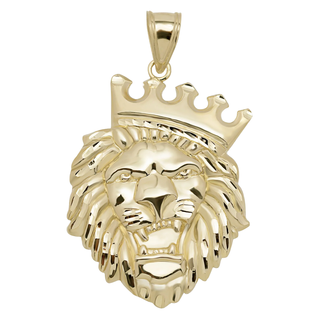 Roaring Lion Head Crown Pendant Charm 10K Yellow Gold