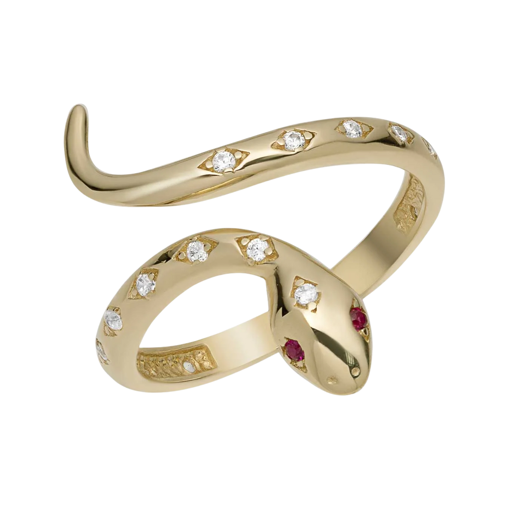 Ruby Eyes Snake Ring 10K Yellow Gold