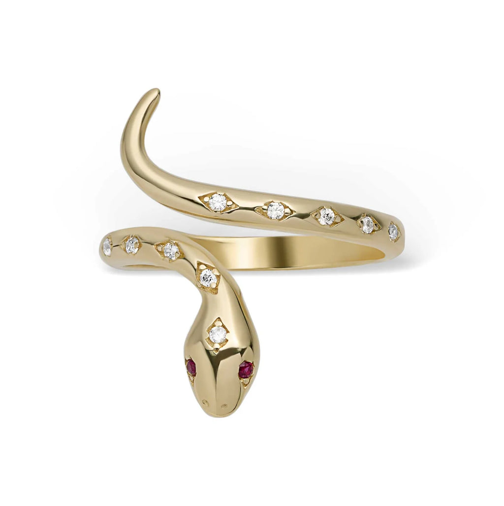 Ruby Eyes Snake Ring 10K Yellow Gold