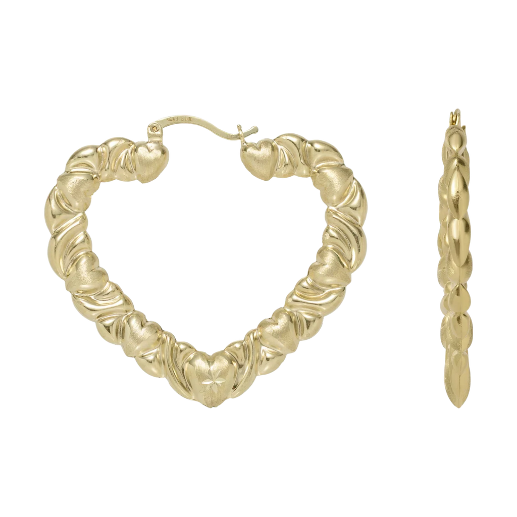 1 1/2" Textured Graduated Heart Hoop Earrings 10K Yellow Gold