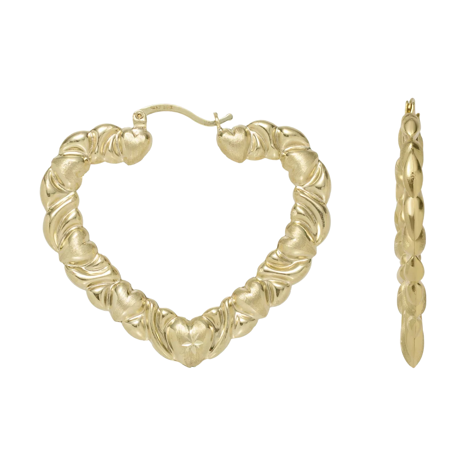 1 1/2" Textured Graduated Heart Hoop Earrings 10K Yellow Gold