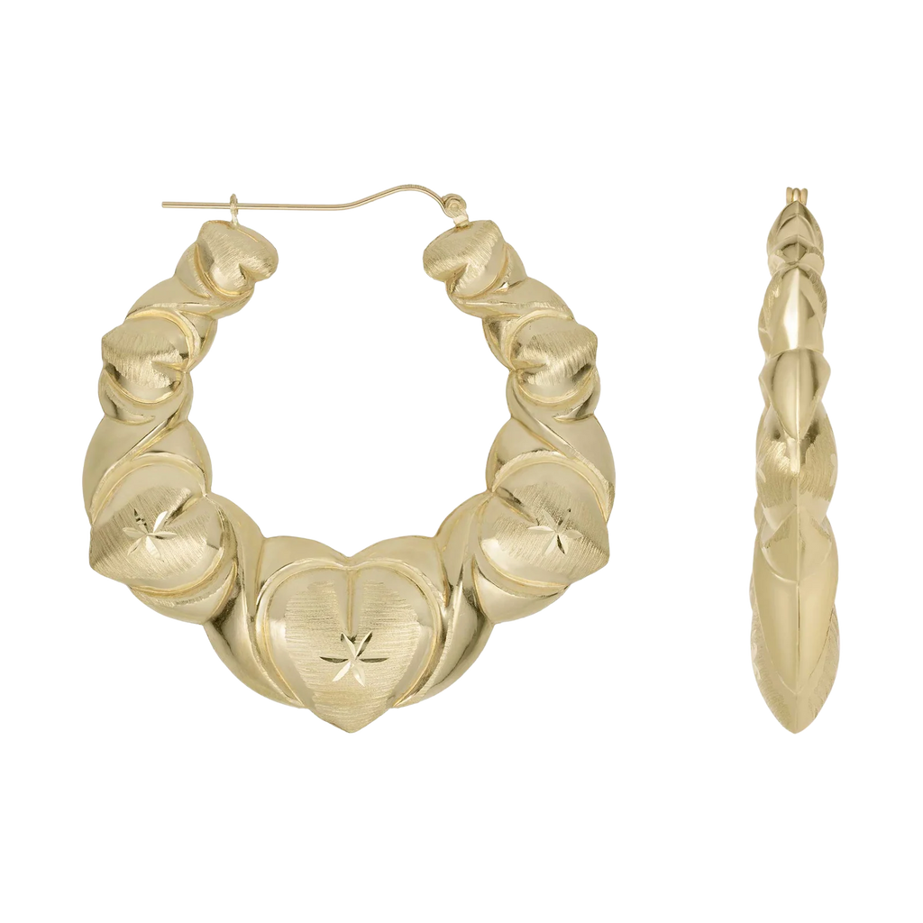 1 3/4" Textured Graduated Heart Hoop Earrings 10K Yellow Gold