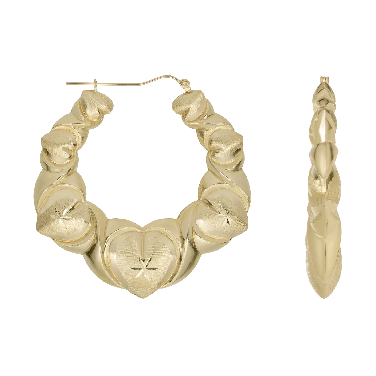 1 3/4" Textured Graduated Heart Hoop Earrings 10K Yellow Gold
