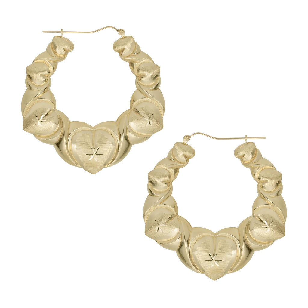 1 3/4" Textured Graduated Heart Hoop Earrings 10K Yellow Gold