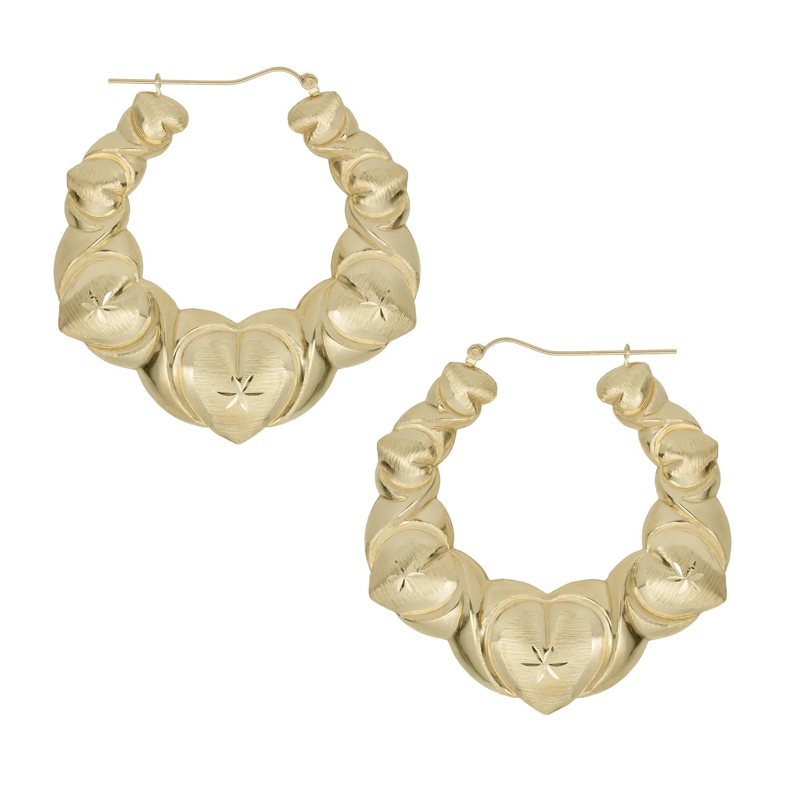 1 3/4" Textured Graduated Heart Hoop Earrings 10K Yellow Gold