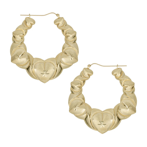1 3/4" Textured Graduated Heart Hoop Earrings 10K Yellow Gold