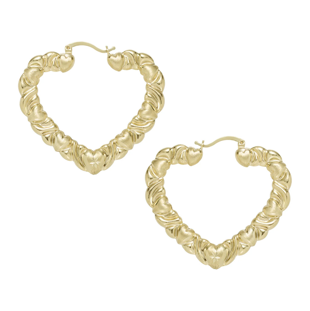 1 1/2" Textured Graduated Heart Hoop Earrings 10K Yellow Gold