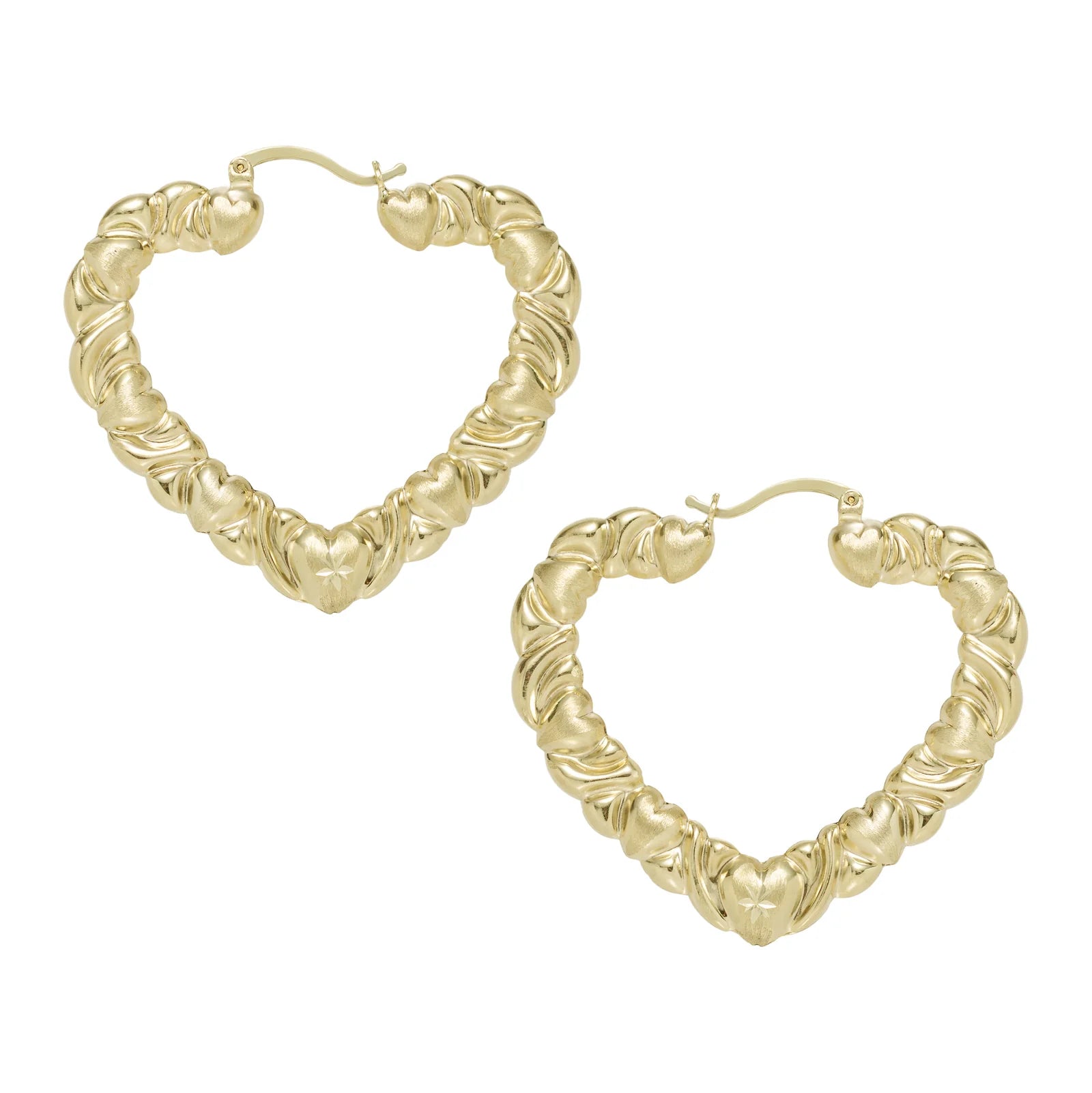 1 1/2" Textured Graduated Heart Hoop Earrings 10K Yellow Gold