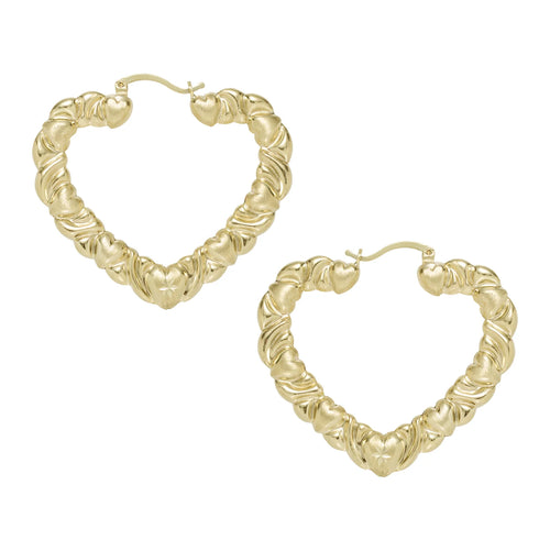 1 1/2" Textured Graduated Heart Hoop Earrings 10K Yellow Gold