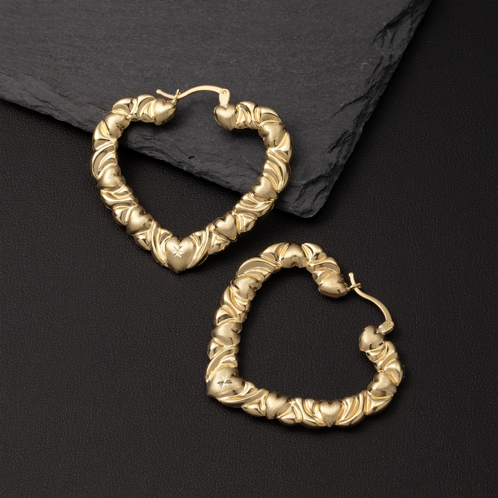1 1/2" Textured Graduated Heart Hoop Earrings 10K Yellow Gold