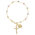 Textured Rosary Cross Virgin Mary Bracelet 10K Tri-Color Gold 7"