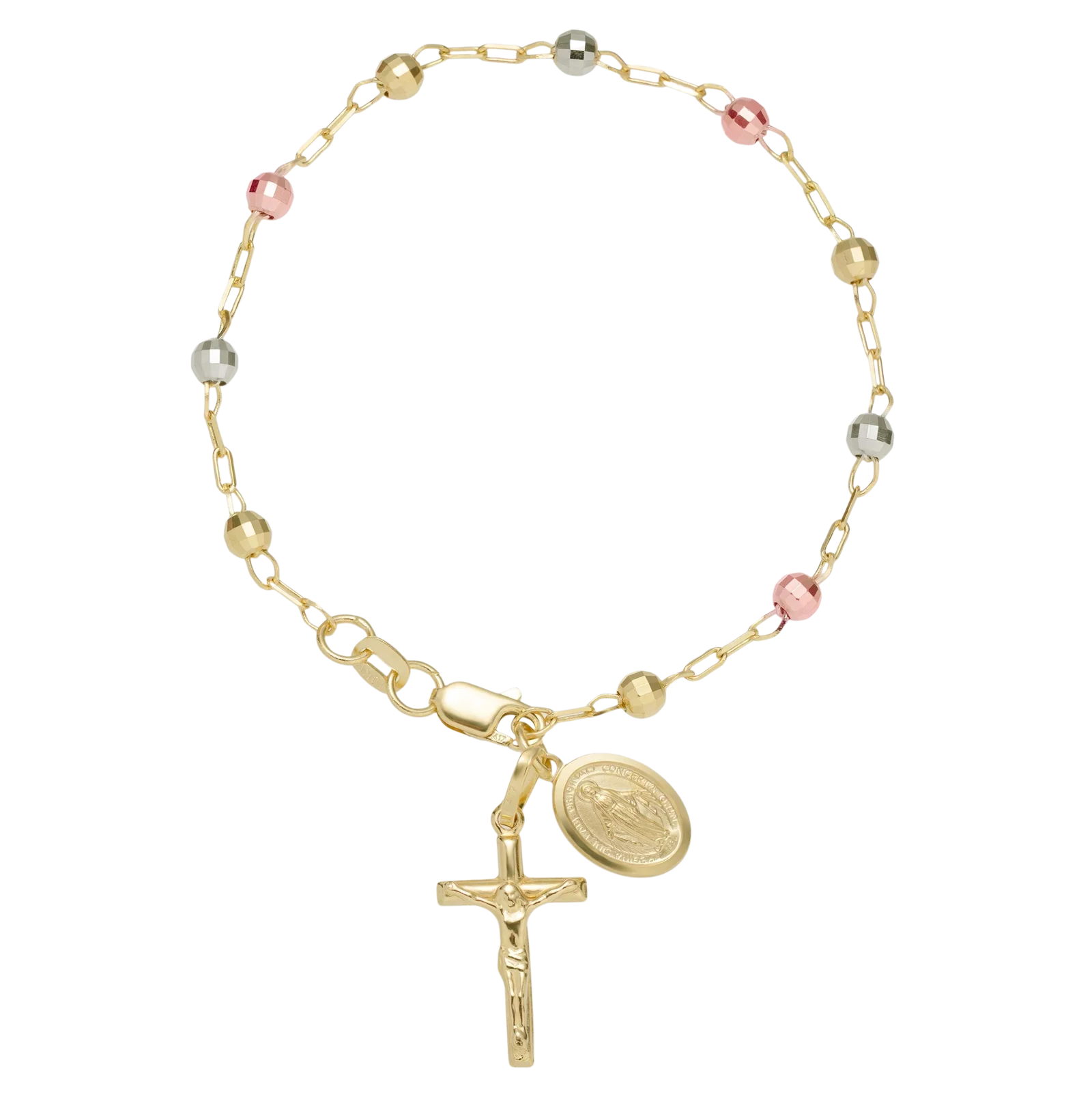 Textured Rosary Cross Virgin Mary Bracelet 10K Tri-Color Gold 7"